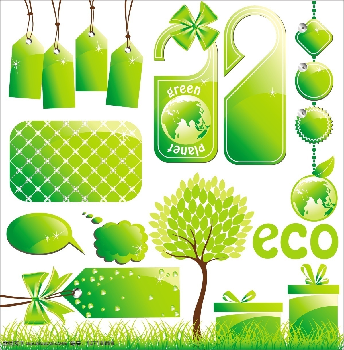 低 碳 环保 主题 图标 低碳 绿色 吊牌 挂牌 vip卡 背景 对话泡泡 对话框 树木 小草 蝴蝶结 礼盒 礼物 按钮图标 白色