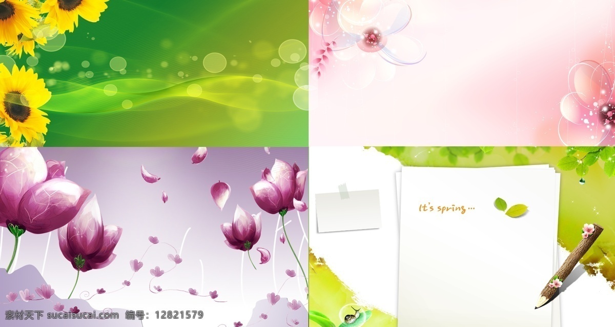 彩色背景 向日葵 花 各种花 书 笔 泡泡 线 玫瑰花 小花 绿叶 绿花 粉花 广告设计模板 源文件