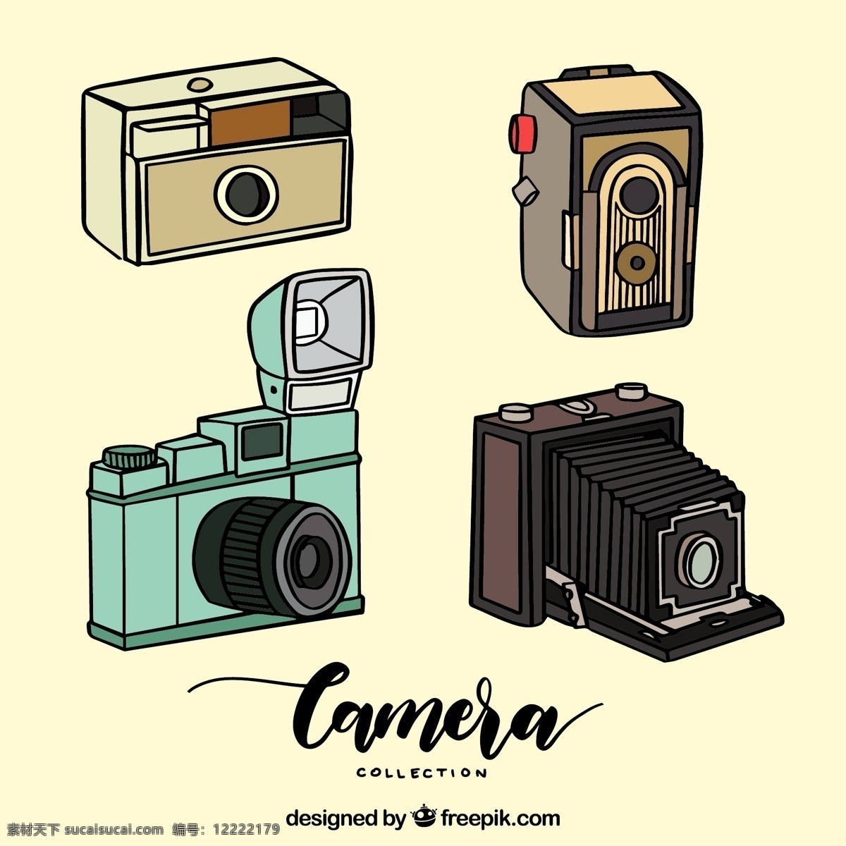 手绘 老式 相机 系列 采购产品古董 技术 手 照相机 卡通 复古 彩色 数字 绘图 摄影师 工作室 闪光灯 镜头 专业 配件