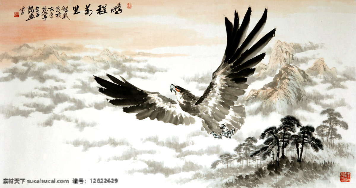 鹏程万里 美术 中国画 鹰 大鹏 山岭 云雾 松树 国画艺术 国画集73 绘画书法 文化艺术