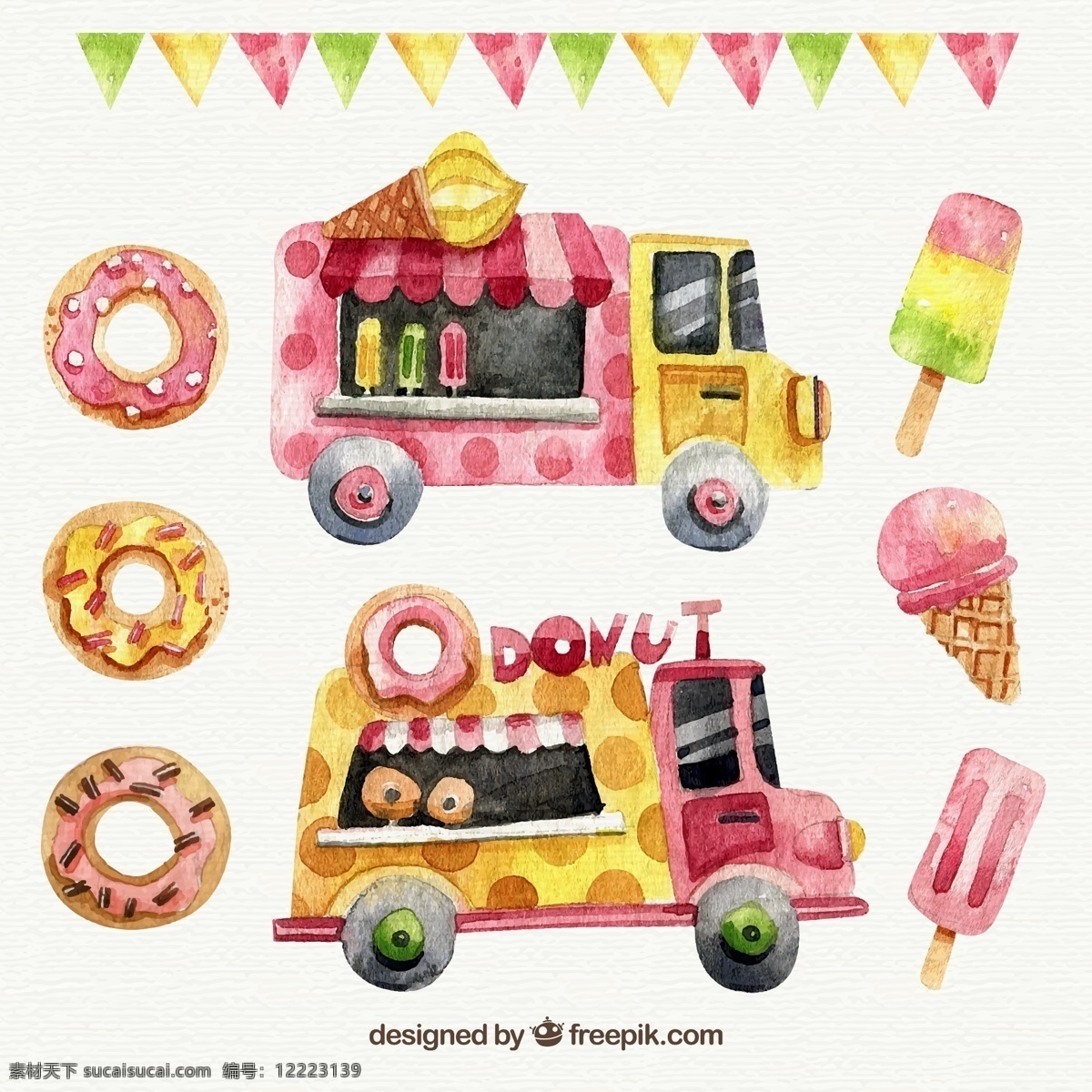 款 水彩 绘 流动 甜品 车 甜点 三角拉旗 甜甜圈 雪糕 冰淇淋 夏季 流动甜品车 文化艺术 节日庆祝
