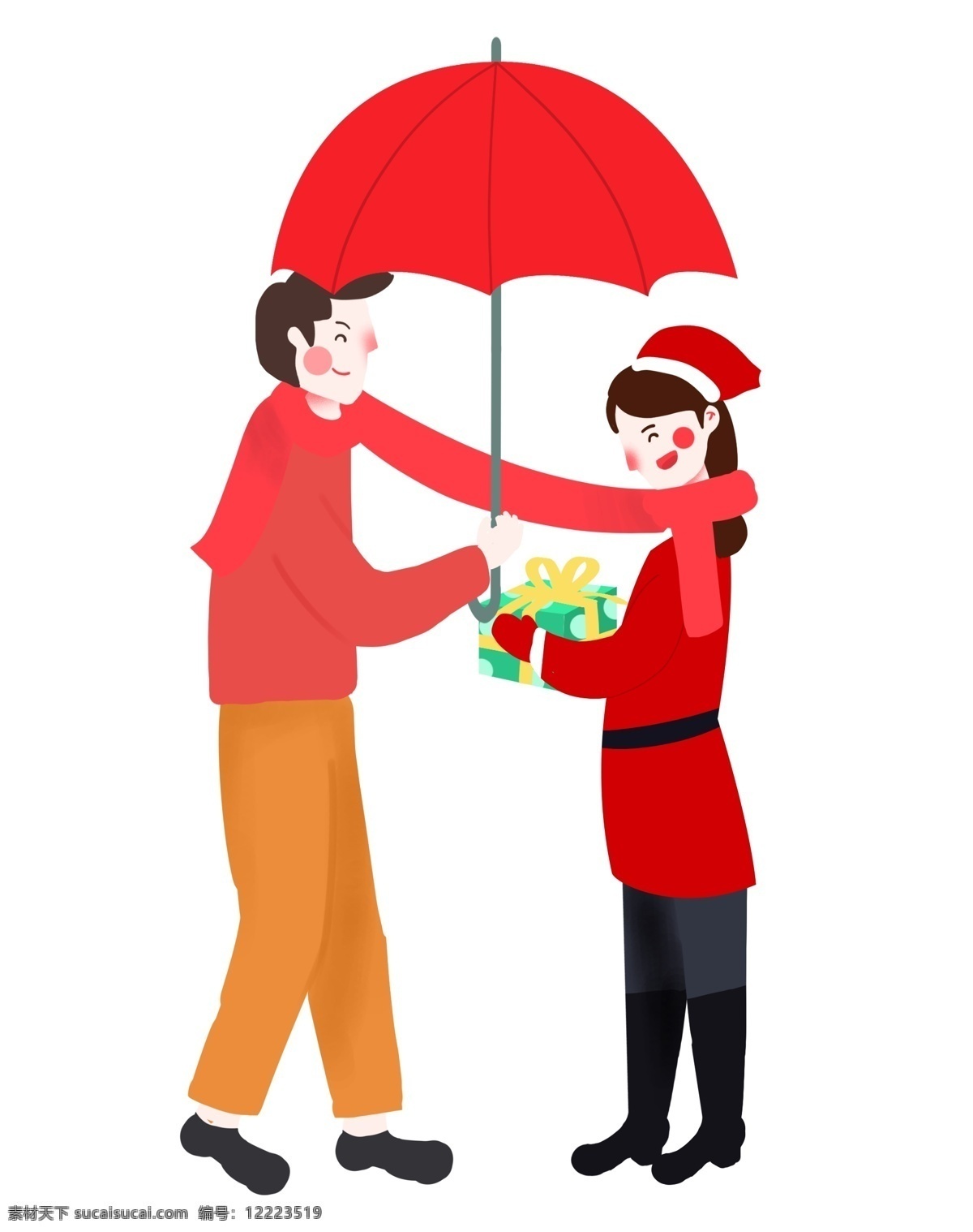 圣诞节 卡通 手绘 情侣 雨伞 围巾 欧美扁平风 送礼 物 男朋友 一起 圣诞 男女