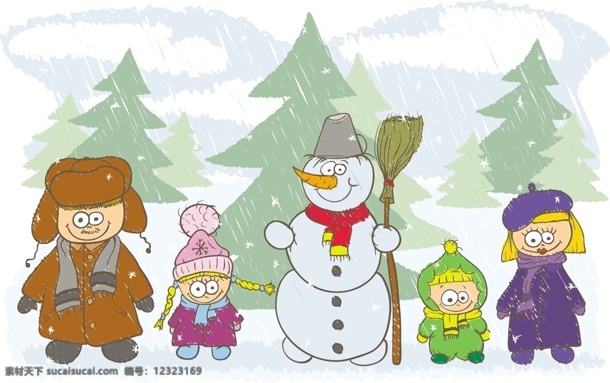 儿童 卡通 可爱 帽子 人物 设计素材 矢量素材 矢量图 树木 雪人 矢量 小孩 小朋友 小男孩 小女孩 雨雪 下雨 下雪 围巾 松树 玩沙子 矢量人物