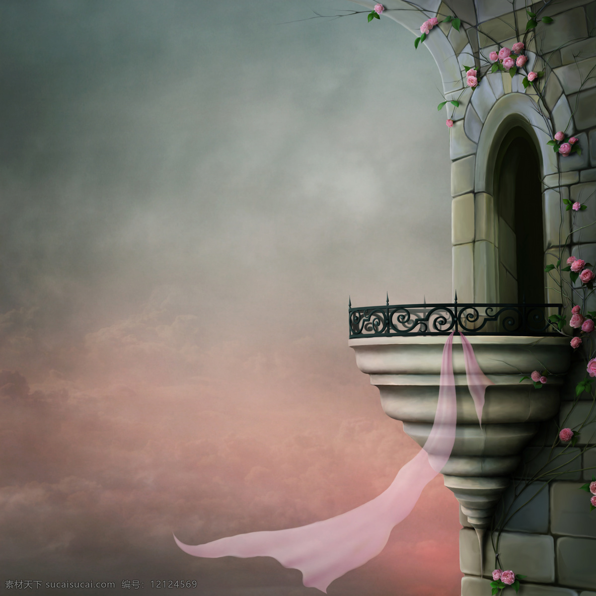 白雪公主 城堡 阁楼 花朵 围栏 飘带 3d作品 3d设计