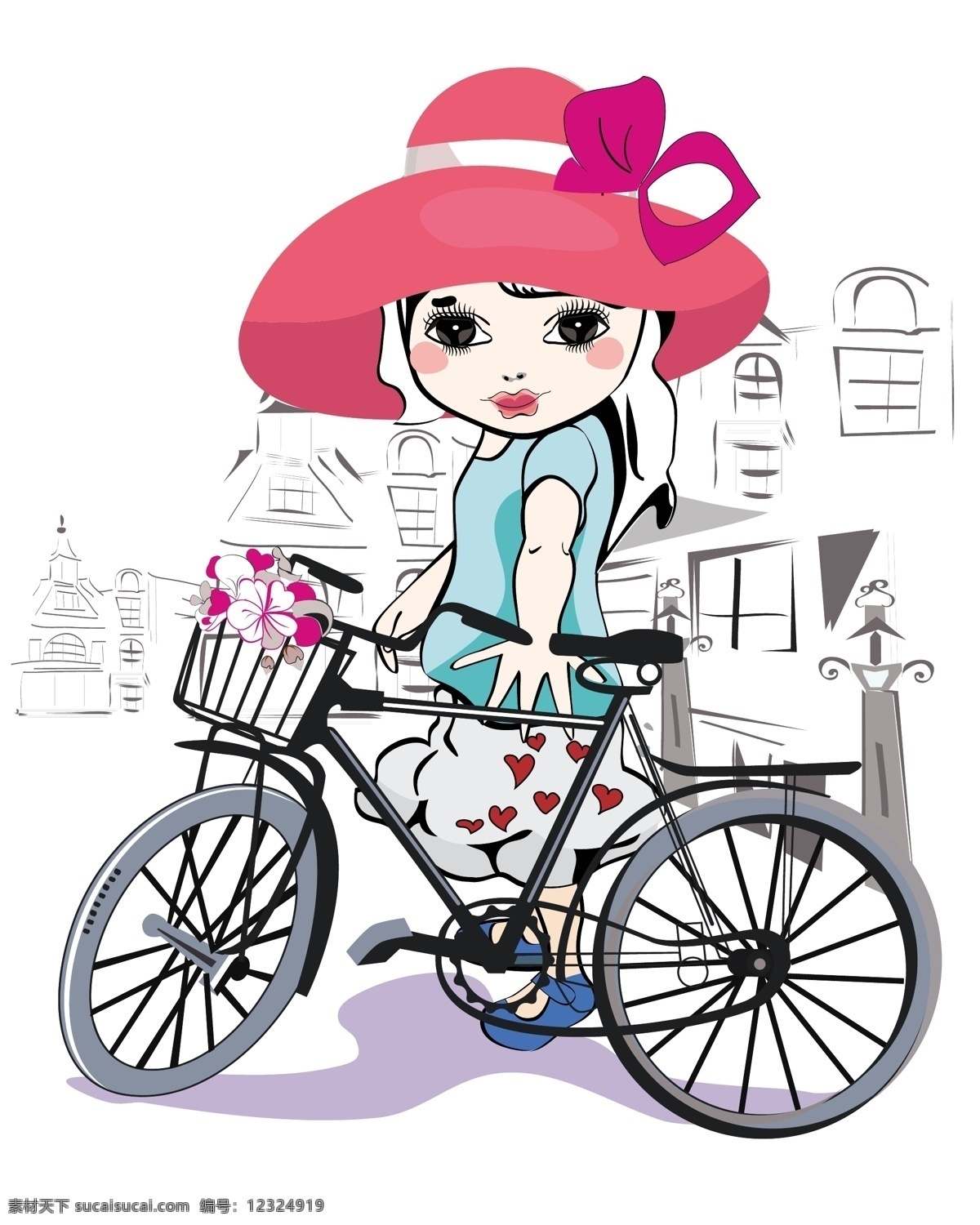 可爱 女孩 自行车 插画 矢量