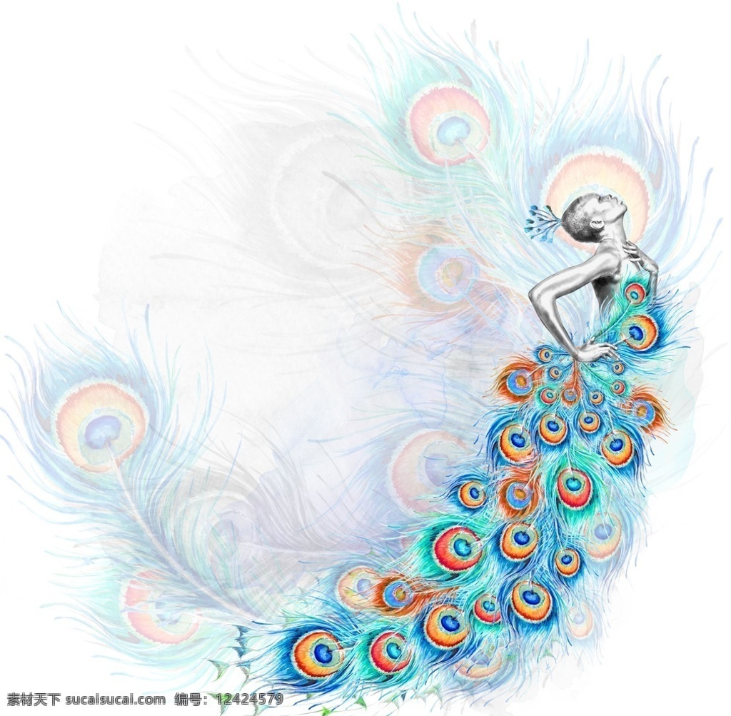 彩铅孔雀羽毛 彩绘 矢量图 水彩 清新 可爱 贺卡 卡片 礼物 插画 羽毛 孔雀羽毛 彩铅