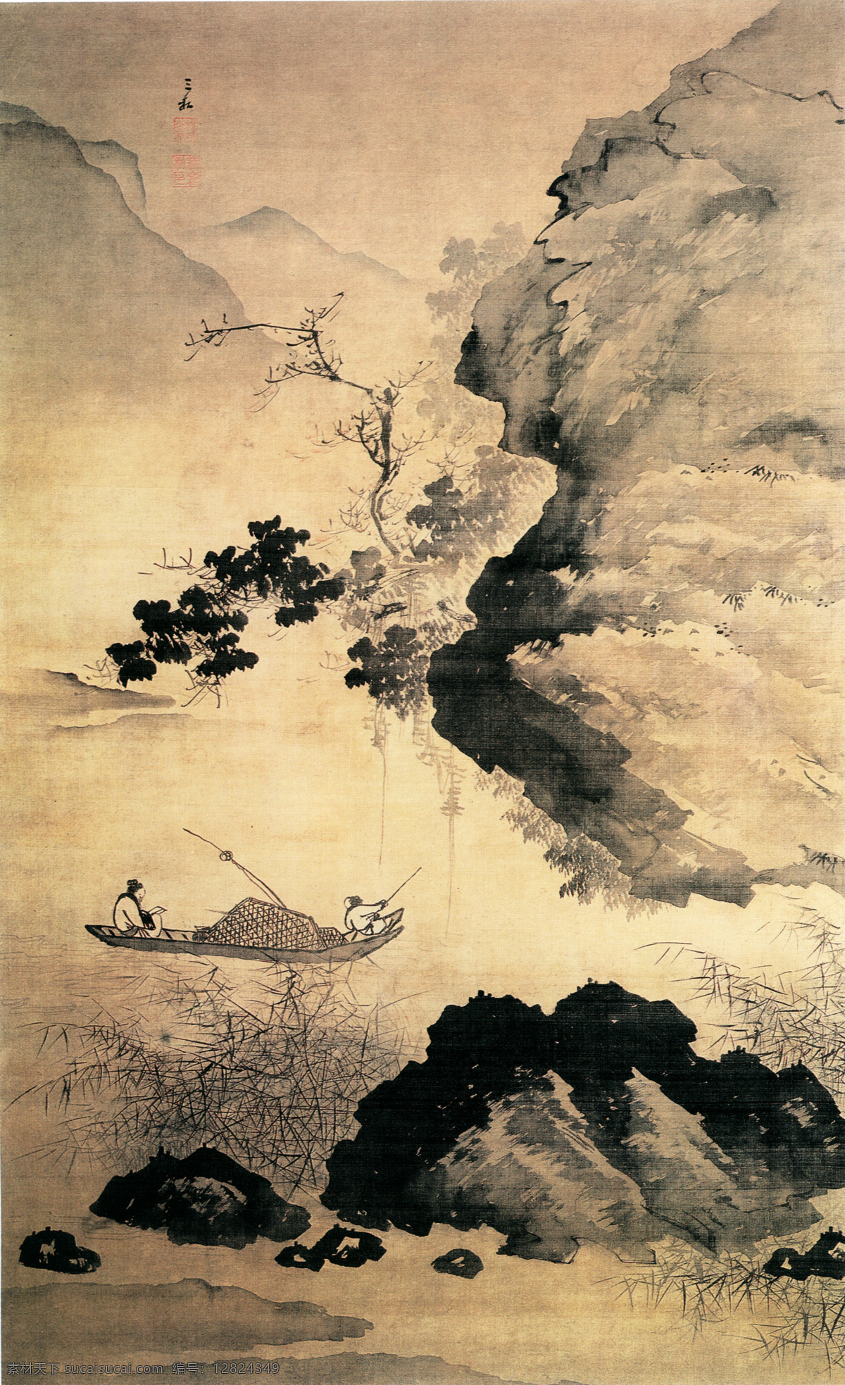 国画 背景 船 人物 河流 油画 插画 手绘 素描 装饰画 无框画 中国风 油墨 书画文字 文化艺术