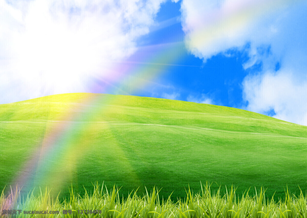 草原 彩虹 绿色 旅游 旅行 户外 蓝天 白云 阳光 自然 美景 绿草 草地 自然风景 高清图片 自然景观