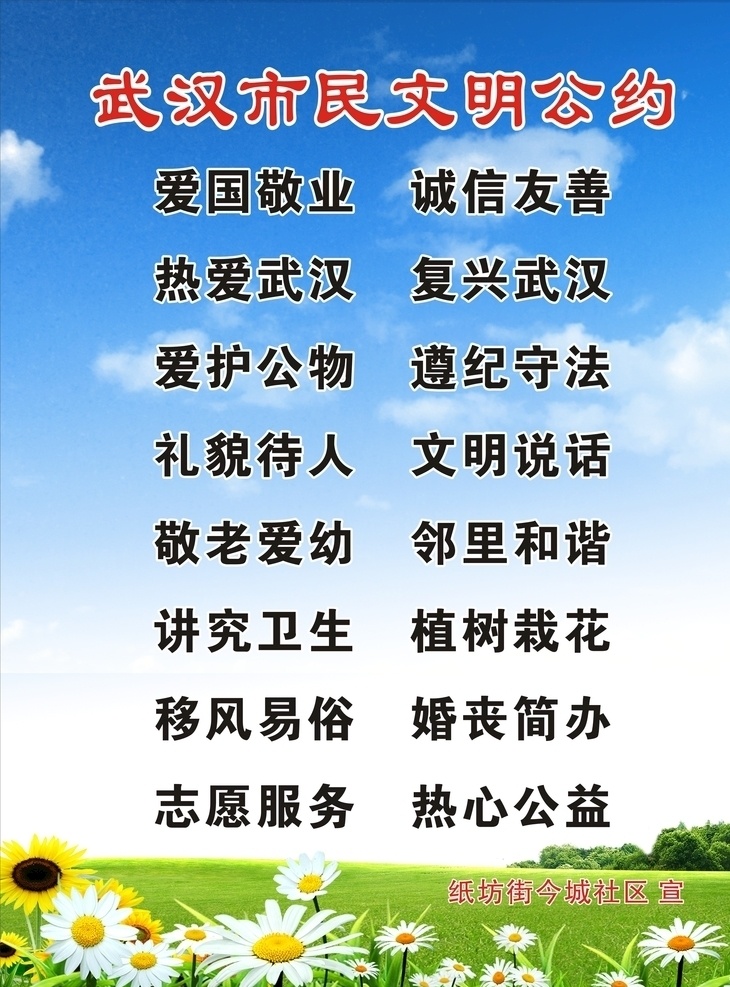 武汉 市民 文明 公约 市民公约 社区牌子 蓝天白云 花草 社区