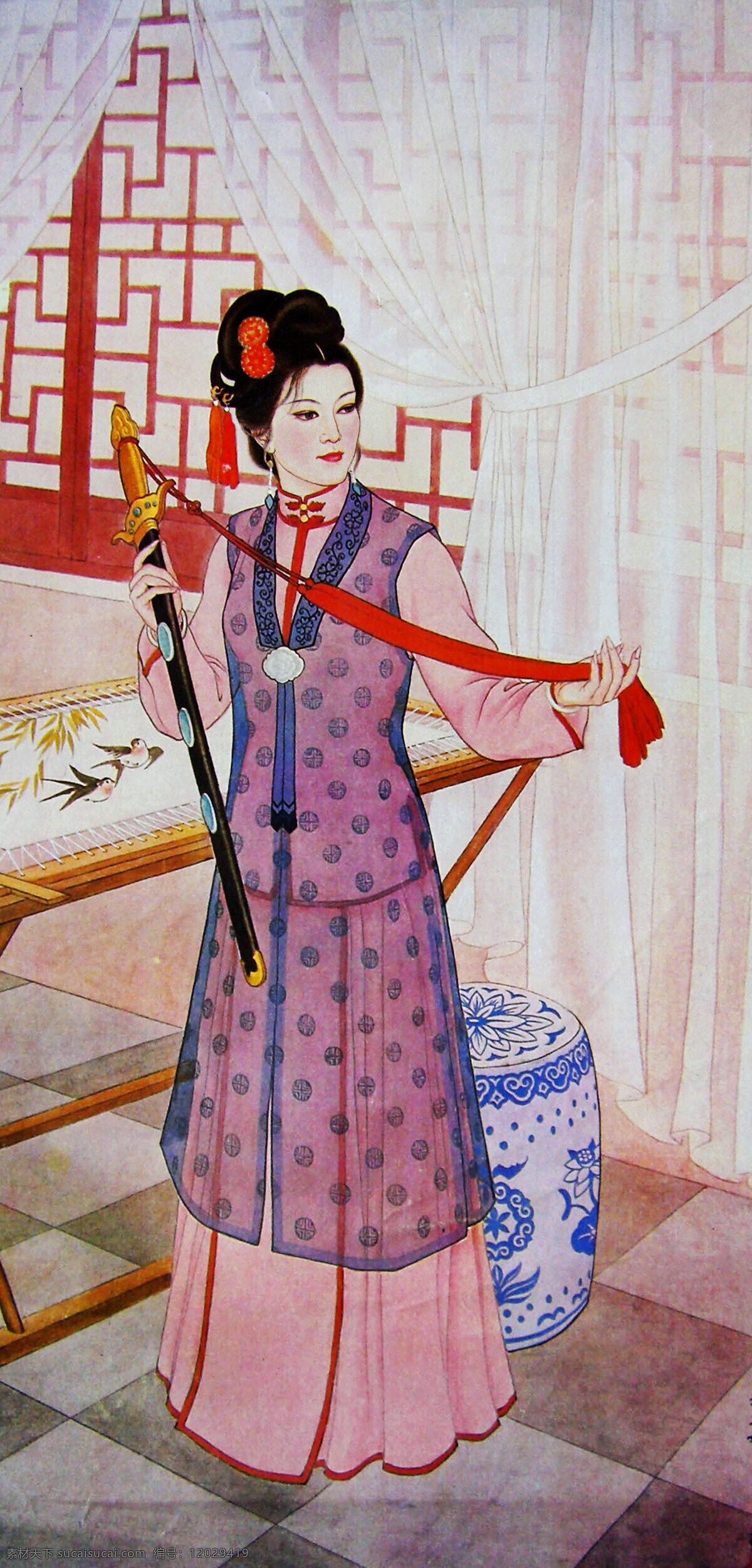 宝剑 表情 动作 房间 国画 国画艺术 绘画 绘画书法 尤三姐 美术 工笔重彩画 红楼梦人物 女人 仕女 女子 美人 姿势 书法 印章 工笔画 集锦 文化艺术 家居装饰素材 雕刻 图案