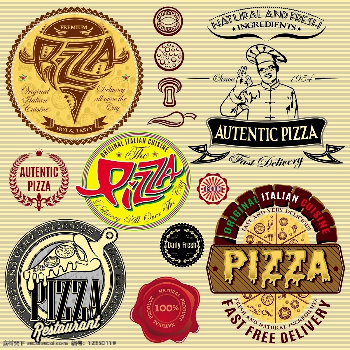 披萨标签 披萨美食标签 卡通厨师 披萨标志 披萨美食 披萨图标 标志图标 矢量素材 黄色