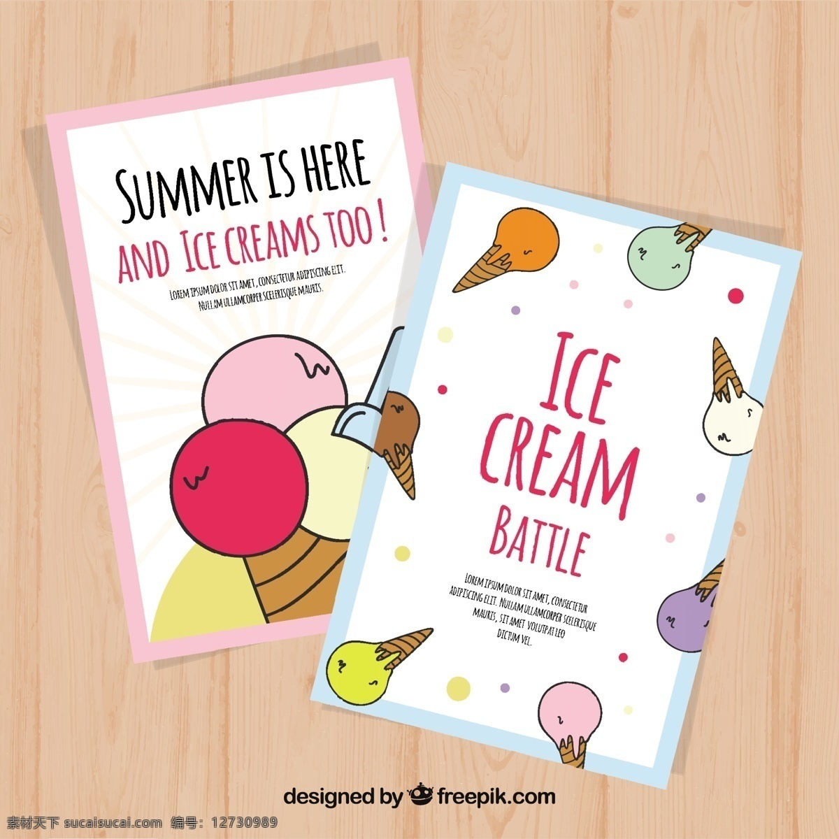 彩色 冰淇淋 平面设计 卡 采购产品食品 卡片 夏天 模板 颜色 平坦 冰 甜 平坦的设计 装饰 甜点 印刷 奶油 吃 季节 收集 美味