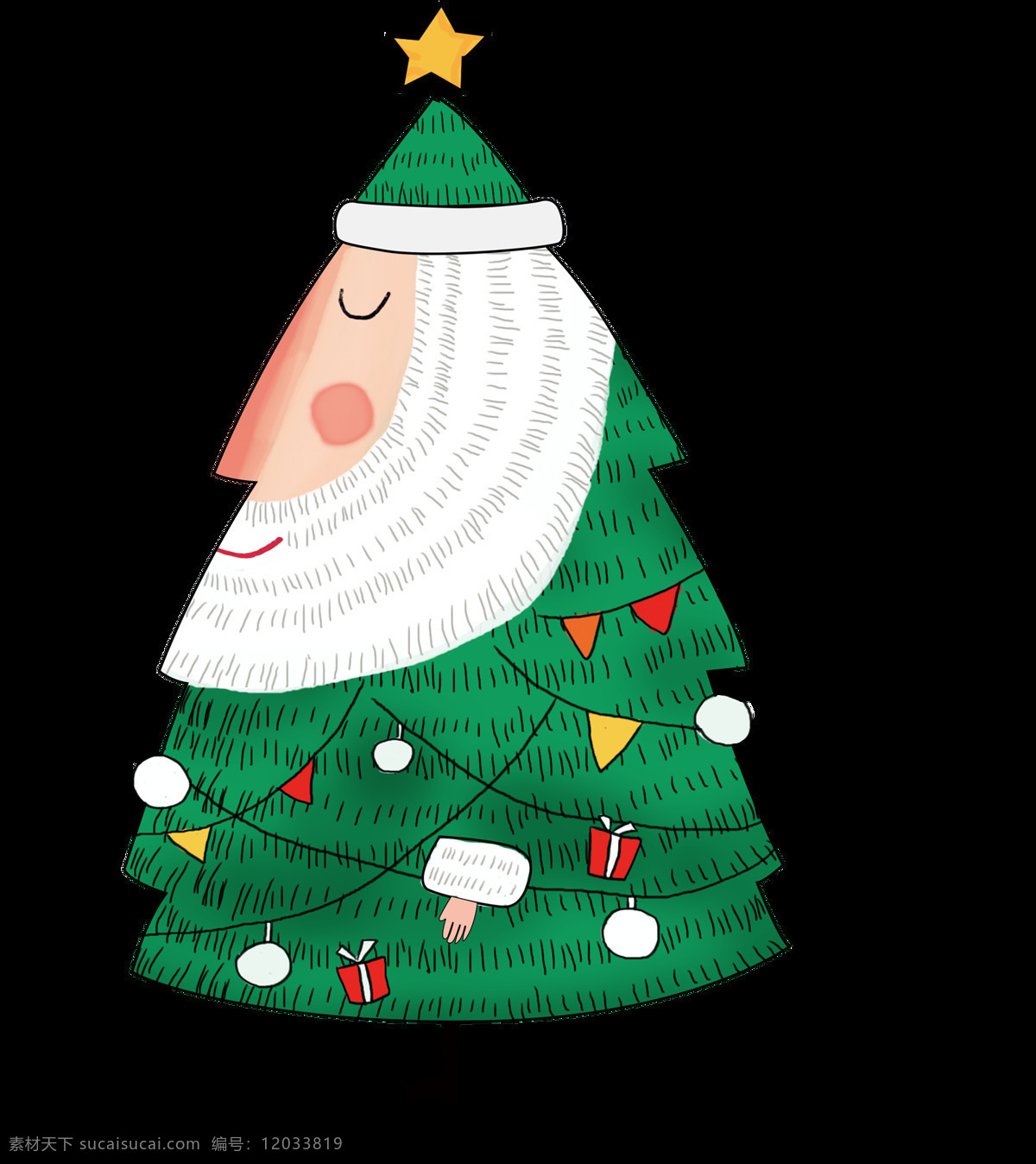 手绘 卡通 圣诞树 装饰 可爱 星星 礼物 表情 红旗