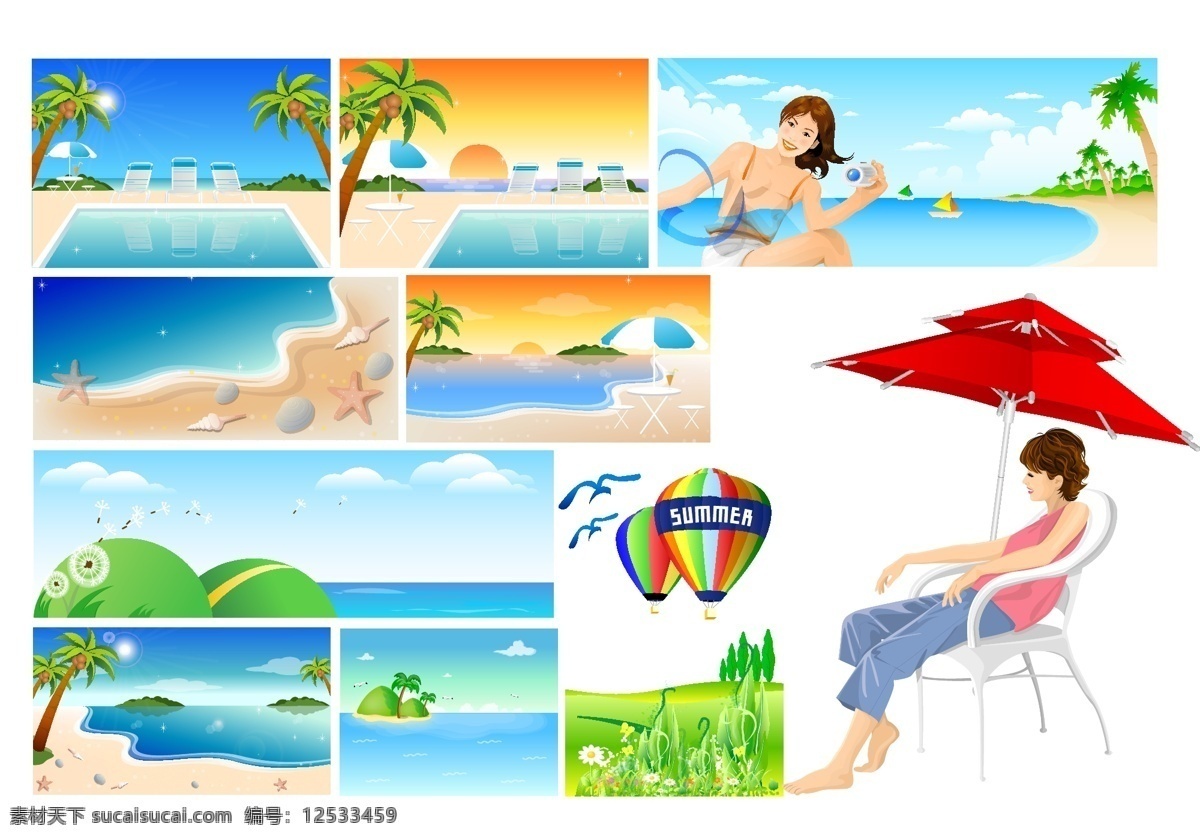 海边 旅游 矢量 美女 热气球 矢量素材 太阳伞 享受 椰树 自然风景 矢量图 其他矢量图