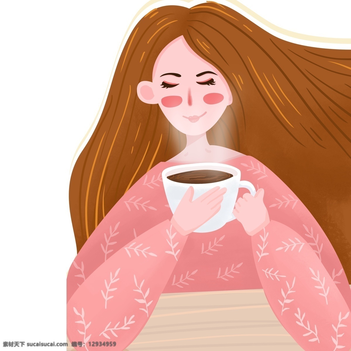 卡通 小 清新 喝 咖啡 女孩 粉色 插画 女生 喝咖啡 早安 温馨