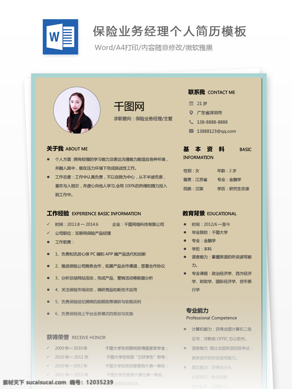 保险 业务 经理 求职 应聘 简历 个人简历 个人简历模板 简历模板 简约 保险业务经理 业务经理 13年 拼色