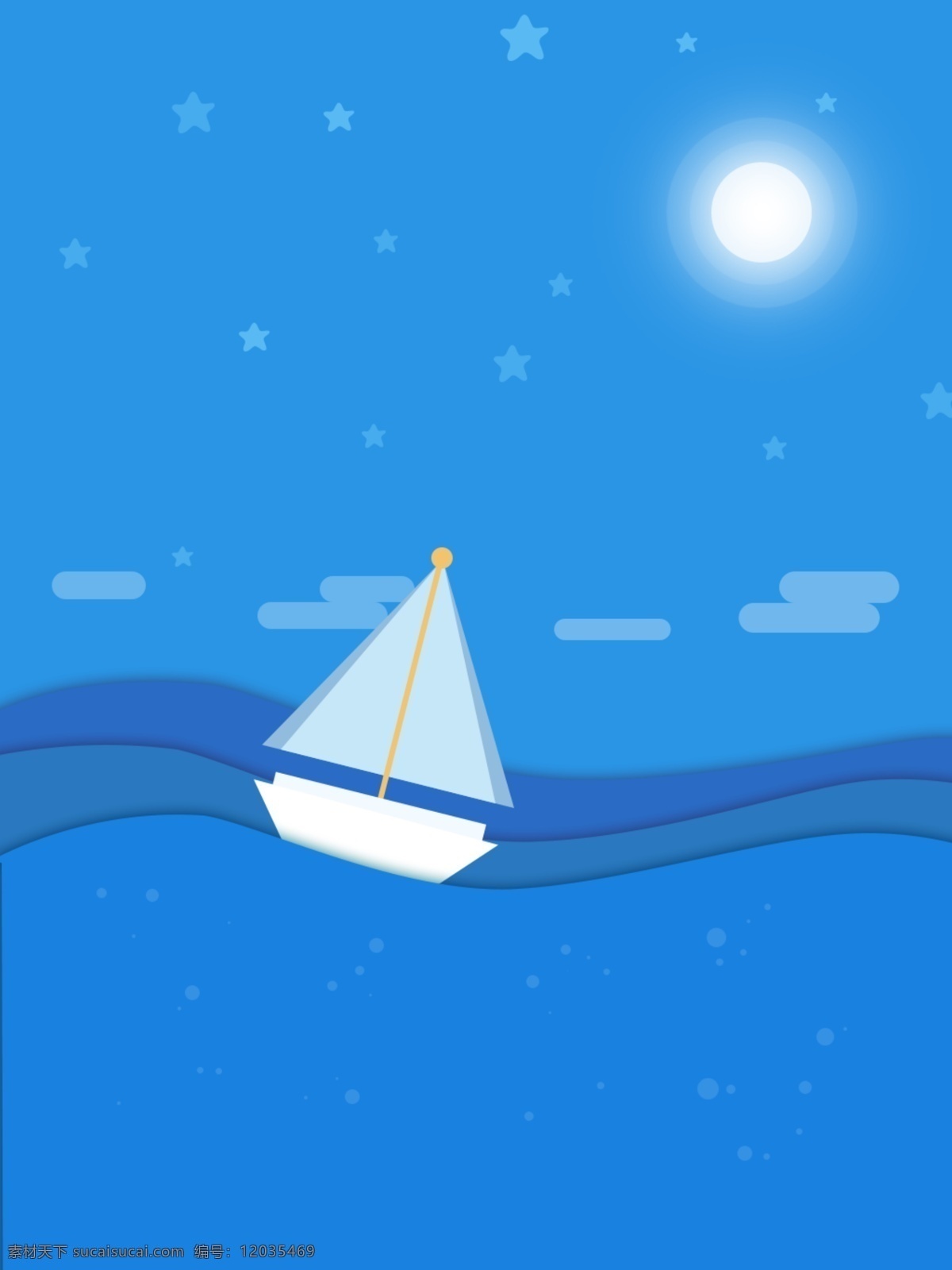 蓝色 小 清新 国际 航海 日 卡通 背景 小清新 国际航海日 波浪 帆船 月亮 星星