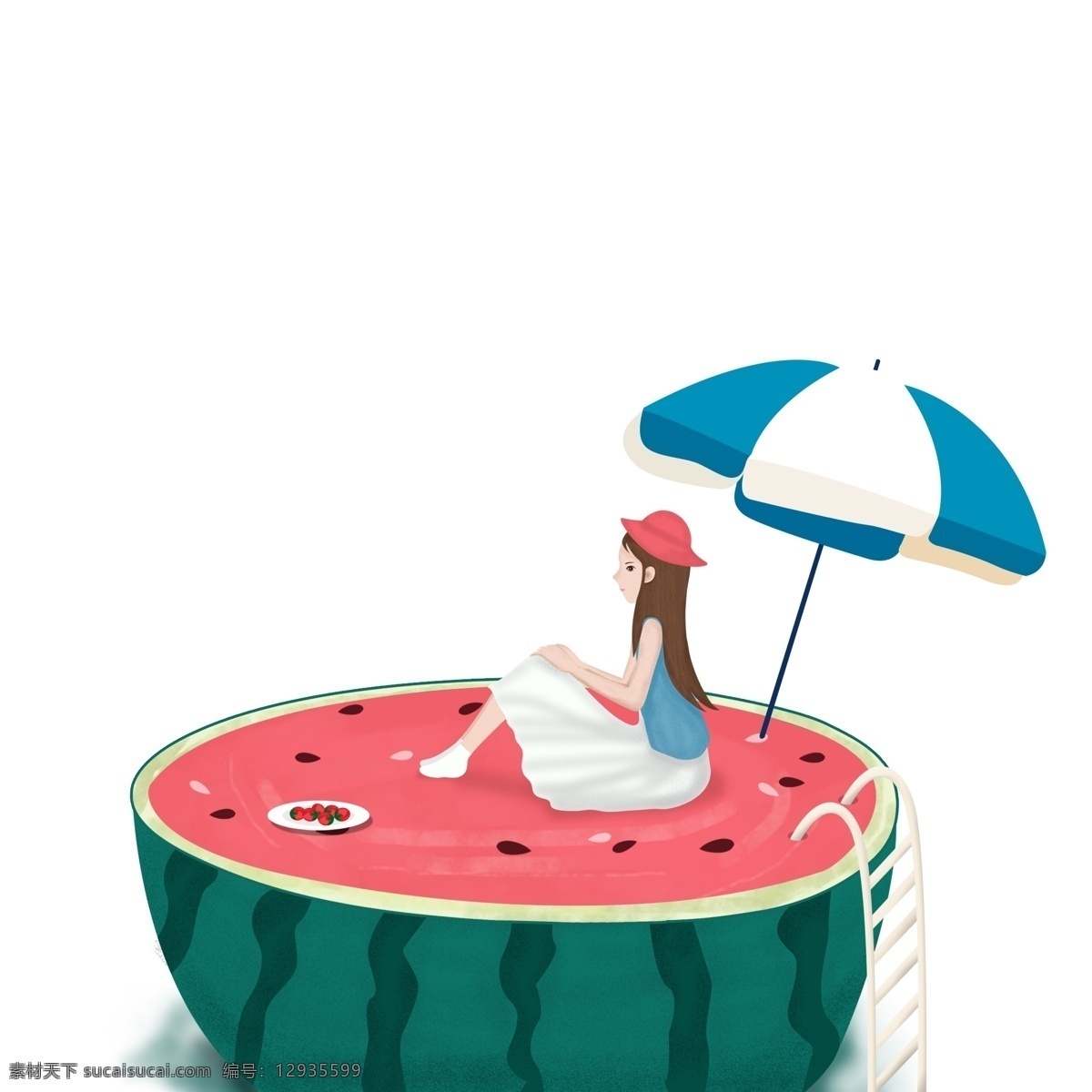 手绘 夏季 西瓜 女孩 图案 元素 太阳伞 夏季元素 坐在 上 简约 手绘元素 免扣元素 卡通图案