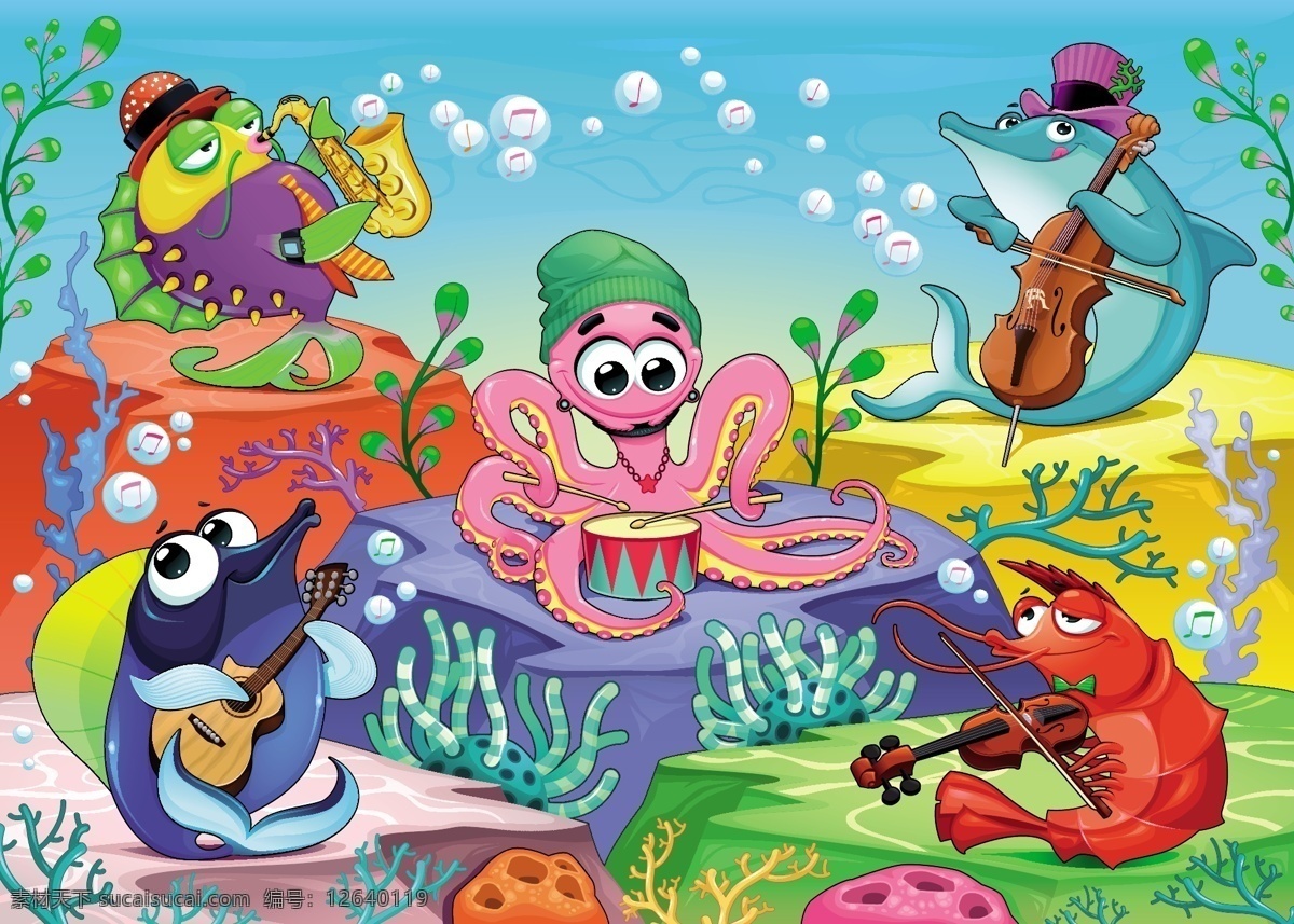海上 滑稽 管弦乐队 音乐 水 夏 自然 性格 卡通 海洋 鱼 动物 喜剧 可爱 微笑 快乐 泡泡 热带 吉他 植物 绘画 团体