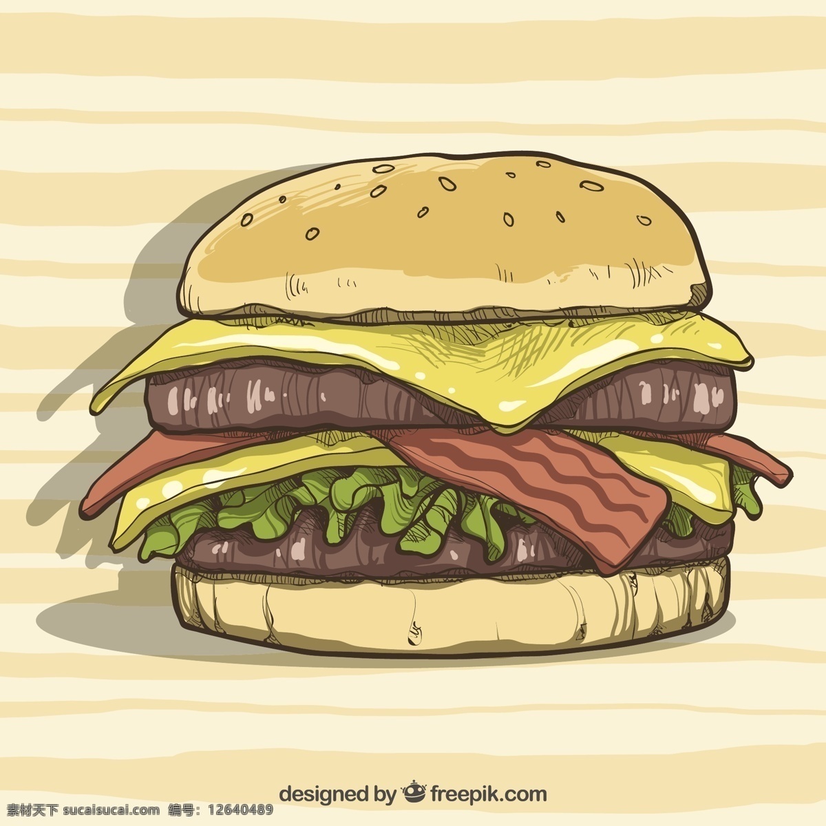 美味 汉堡 配 奶酪 培根 背景 食物 菜单 手 手绘 颜色 丰富多彩 快餐 食物菜单 吃 汉堡包 番茄 午餐 小吃 餐 画 背景色