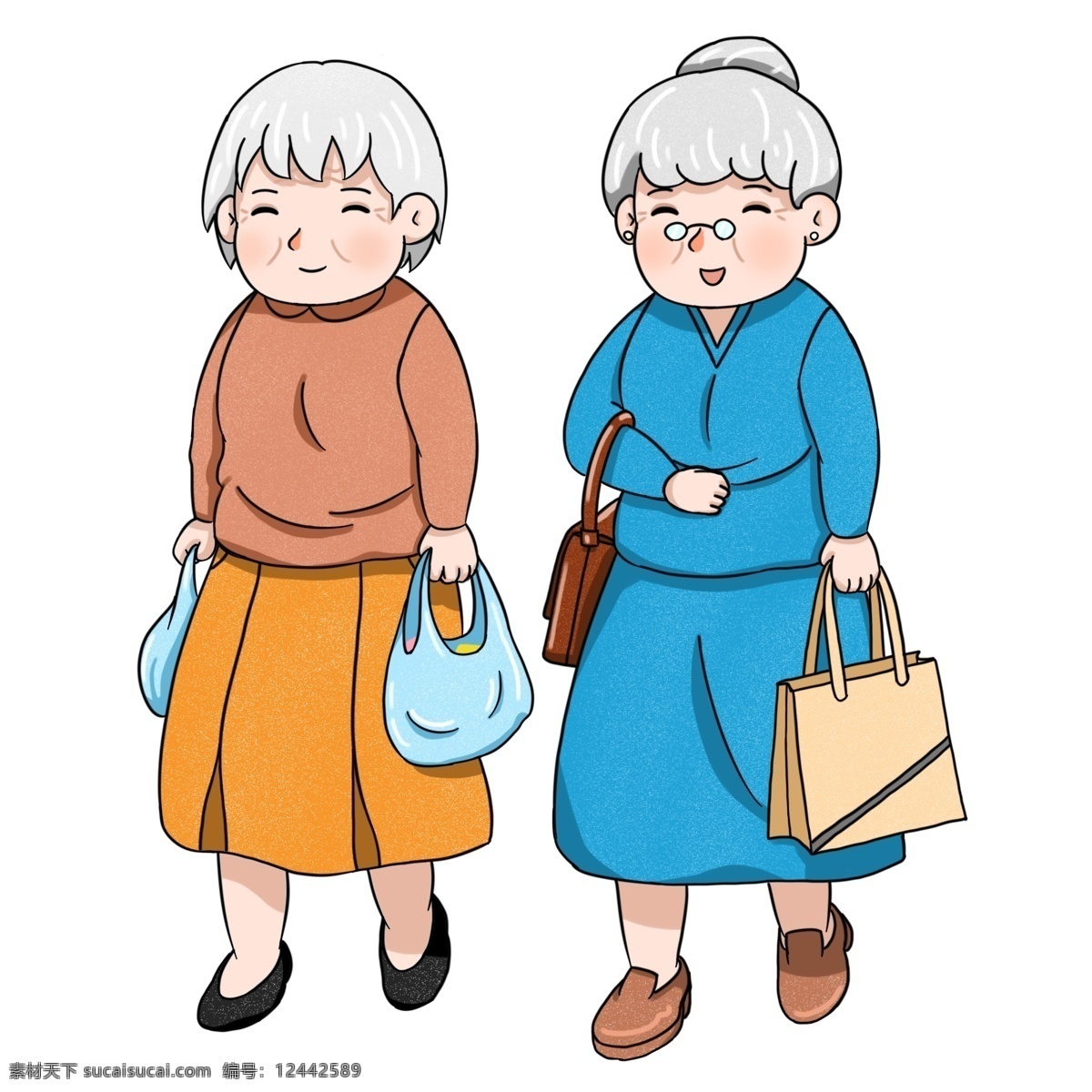 重阳节 退休 老人 逛街 退休老人 购物 白发 插画 免抠图 散步 装饰图案