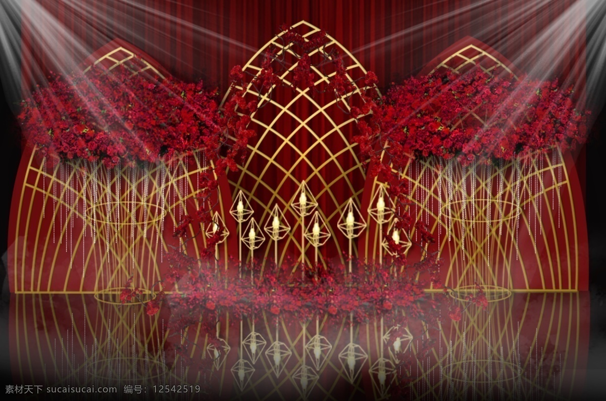 红色 婚礼 迎宾 区 效果图 花环 布幔 迎宾区 钻石灯 富贵花开铁艺