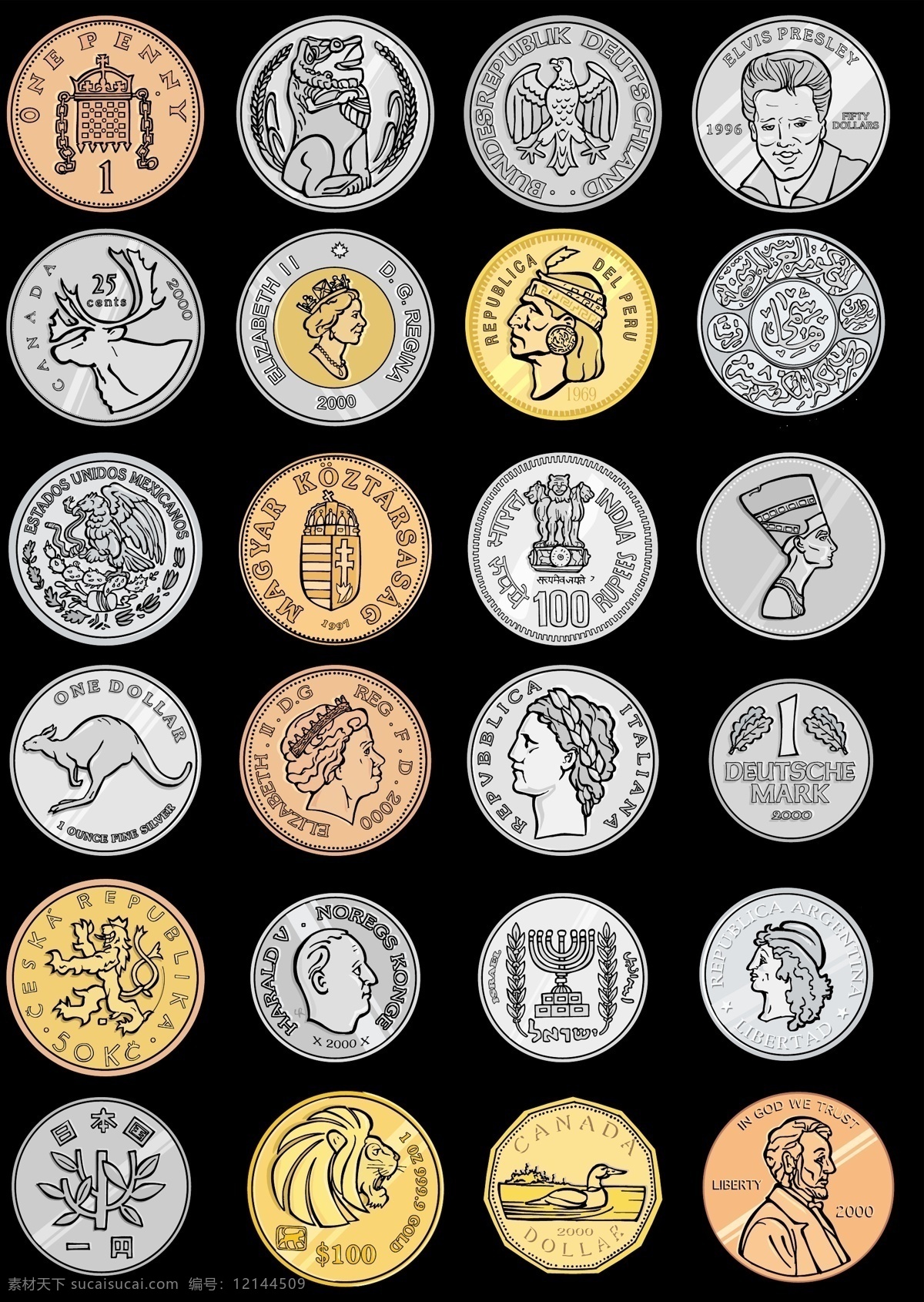 世界各国硬币 硬币 英国 美国 加拿大 日本 澳大利亚 墨西哥 英国女王头像 林肯半身像 袋鼠 鸭子 狮子头 麋鹿 鹰 黑色