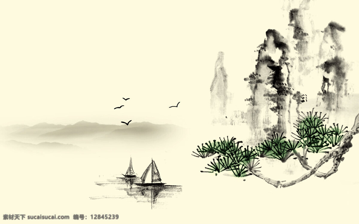中国 风 山水 水墨画 小船 意境 中国风 青松 背景图片