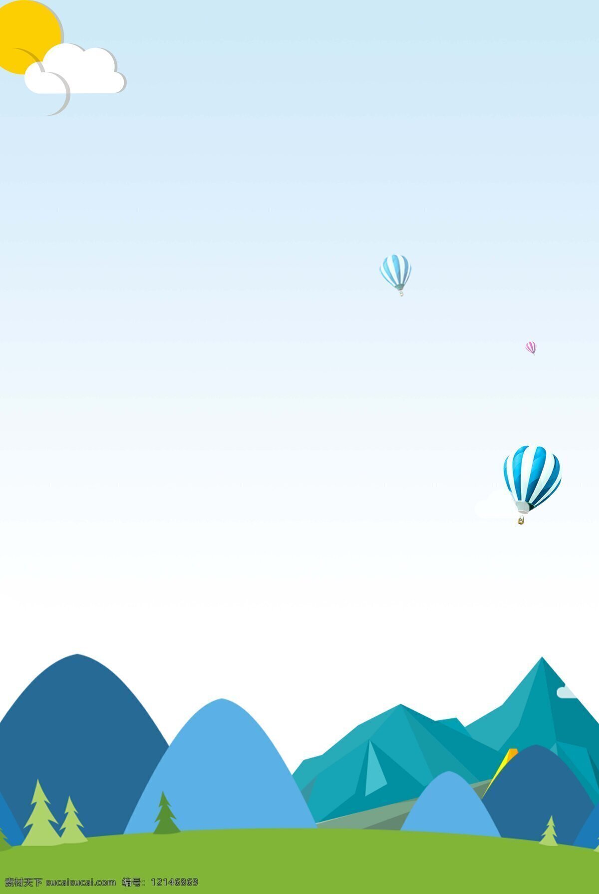 小 清新 山坡 风景 背景 广告 海报 卡通 蓝天 热气球 山峰 小清新
