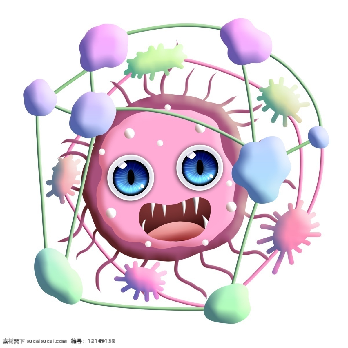 粉色 触手 彩色 细菌 群 卡通 尖牙 大眼睛 圆点 细菌群 串连 杆菌 病毒 医学 生物 疾病 生病 菌体 菌状 细胞