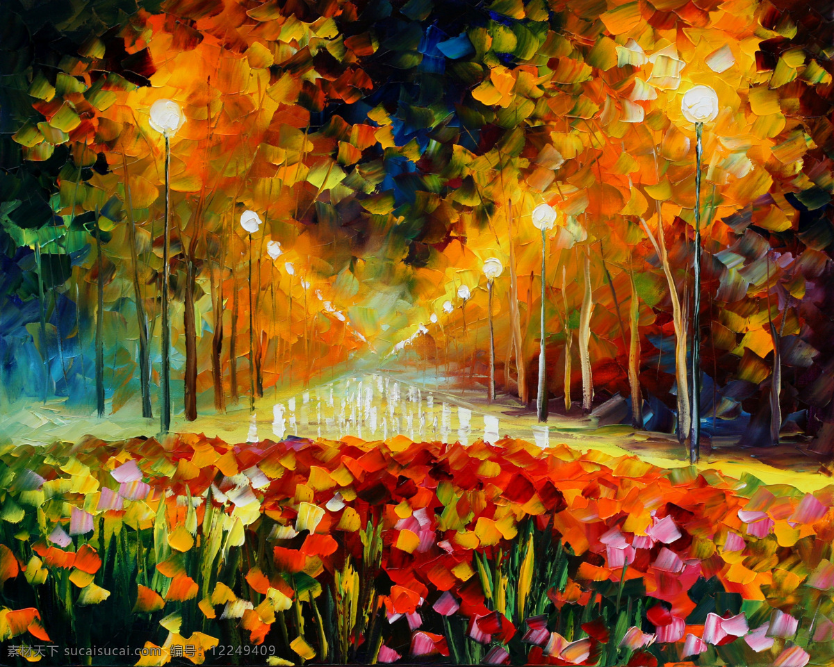 道路 风景 风景画 挂画 花丛 花卉 绘画 绘画书法 油画 深秋 晚景 设计素材 模板下载 深秋晚景 油画风景 艺术 油画艺术 秋天 秋季 深秋树木 秋韵 马路 路灯 西方油画 景色 欧美油画 油画作品 文化艺术 装饰素材 山水风景画