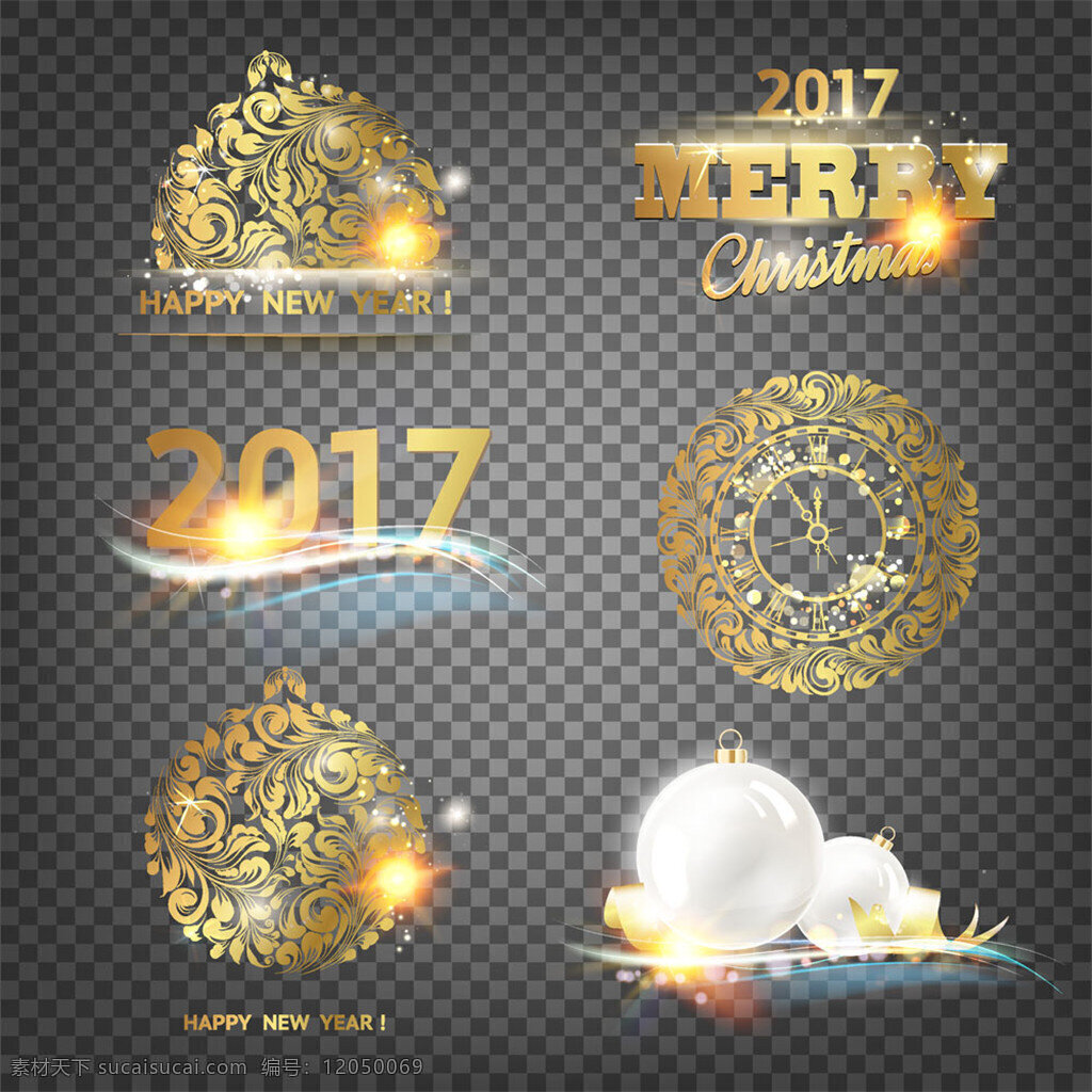 2017 金色 花纹 标签 鸡年 贺卡 2017年 鸡年快乐 新年快乐 矢量图