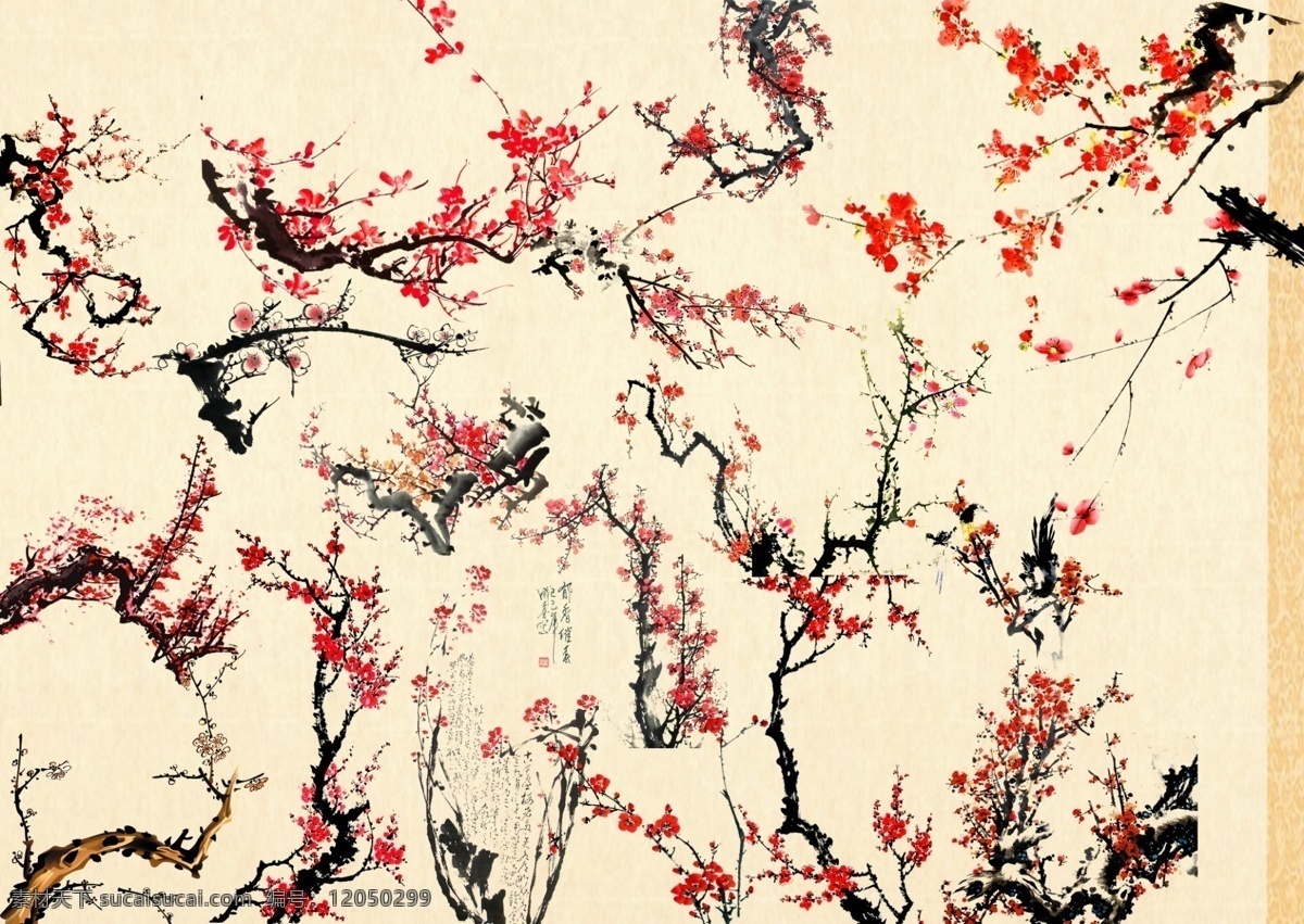 中国 风 梅花 系列 树 中国风 水墨 分层 复古 梅花树 春天 春季