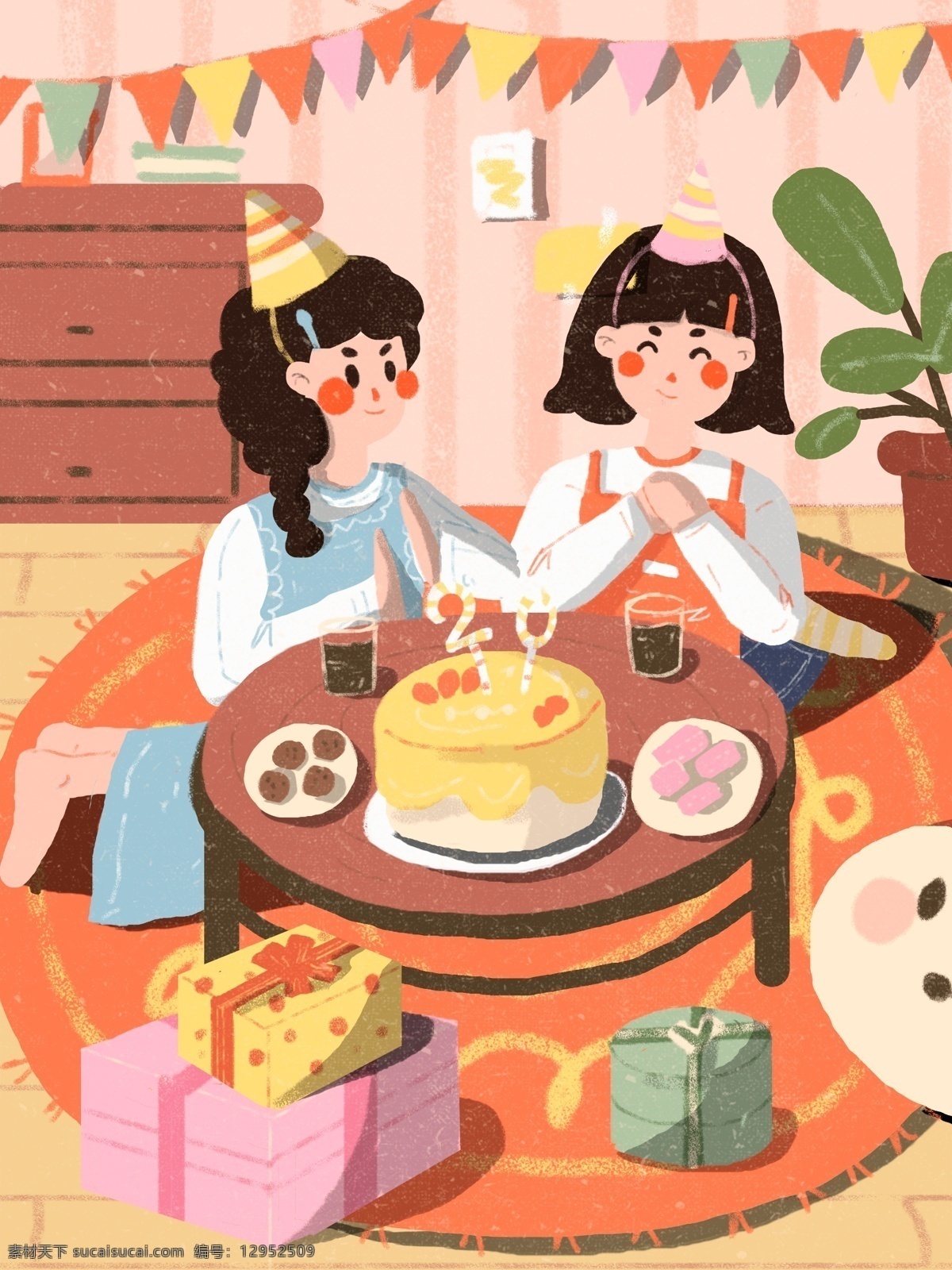 闺 蜜 日常 生日 唯美 清新 插画 女孩 闺蜜 少女 朋友 友情 庆祝