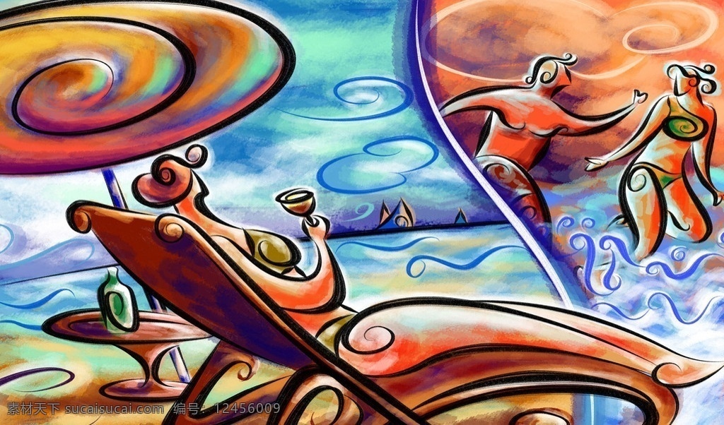 抽象壁画 壁画 抽象 人 海滩 椅子 游泳 伞 绘画书法 文化艺术