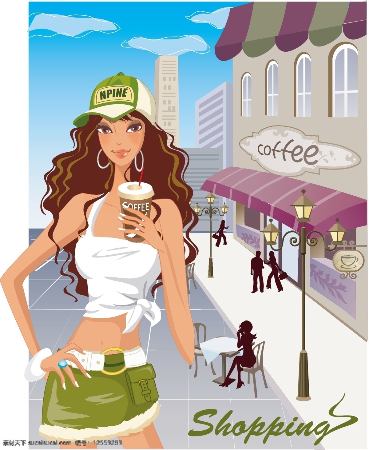 时尚 女性 购物 eps格式 咖啡 帽子 女 商店 接到 矢量图 矢量人物
