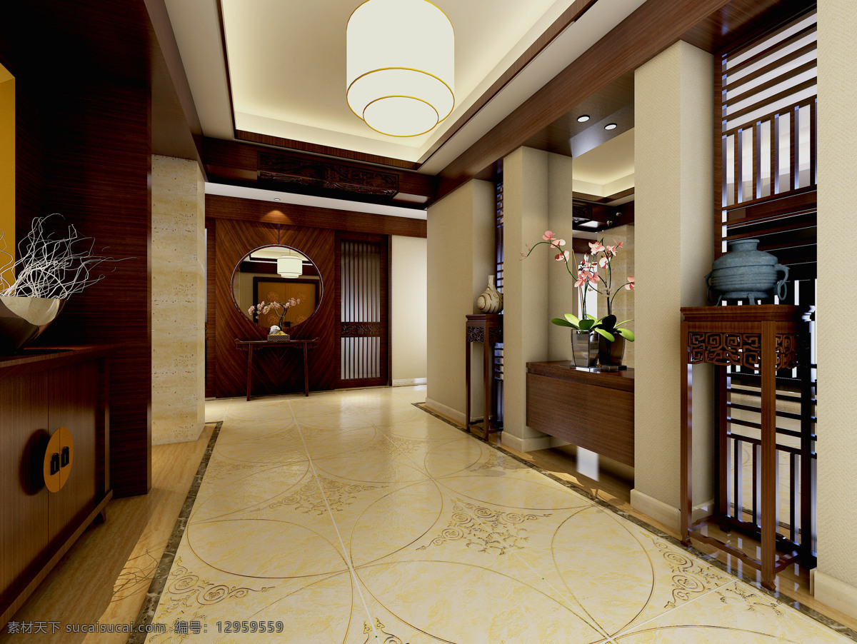 奢华 中式 效果图 地板 瓷砖 实木 红木 背景墙 过道 3d作品 3d设计
