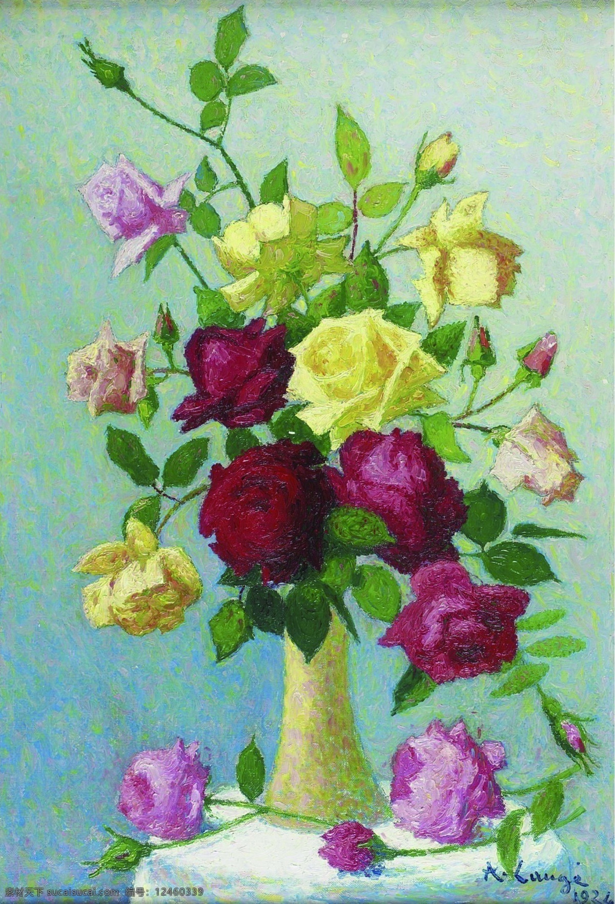 1924 花卉 水果 蔬菜 器皿 静物 印象 画派 写实主义 油画 装饰画 roses of vase lauge achille 荷花 玫瑰 百合 鲜花 实物 装饰素材