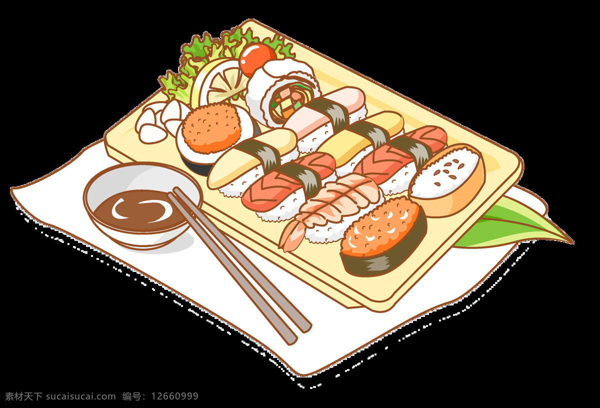 清新 手绘 日式 寿司 盘子 料理 美食 白色桌布 筷子 料理美食 日本料理 日本文化 日式美食