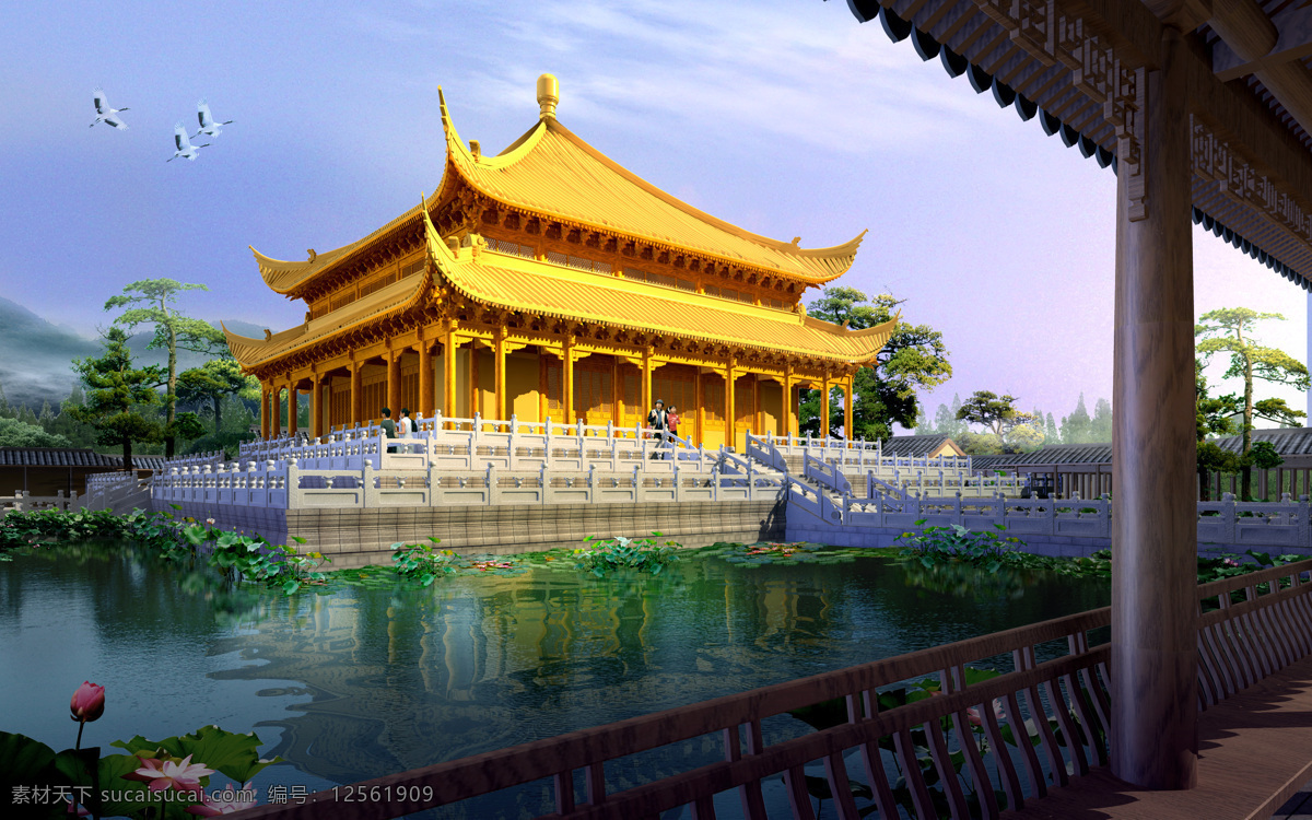 古典 园林建筑 透视 效果 中国古典园林 水池 中国古典建筑 园林景观 园艺设计 建筑设计 3d 效果图 环境家居