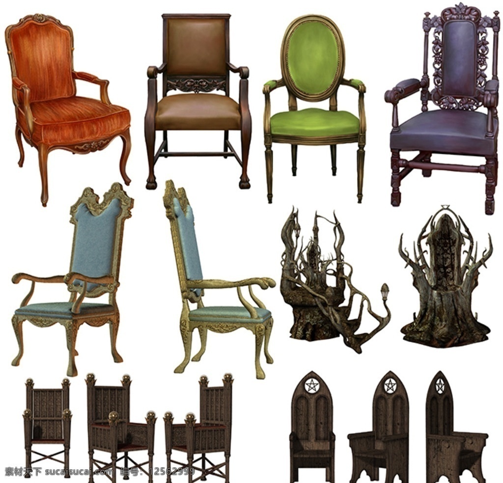 椅子素材 实木椅 靠背椅 木椅 欧式椅子 沙发 3d 石椅 欧式宫廷椅 魔幻王座 树木王座 宗教椅子 鼠绘效果 分层