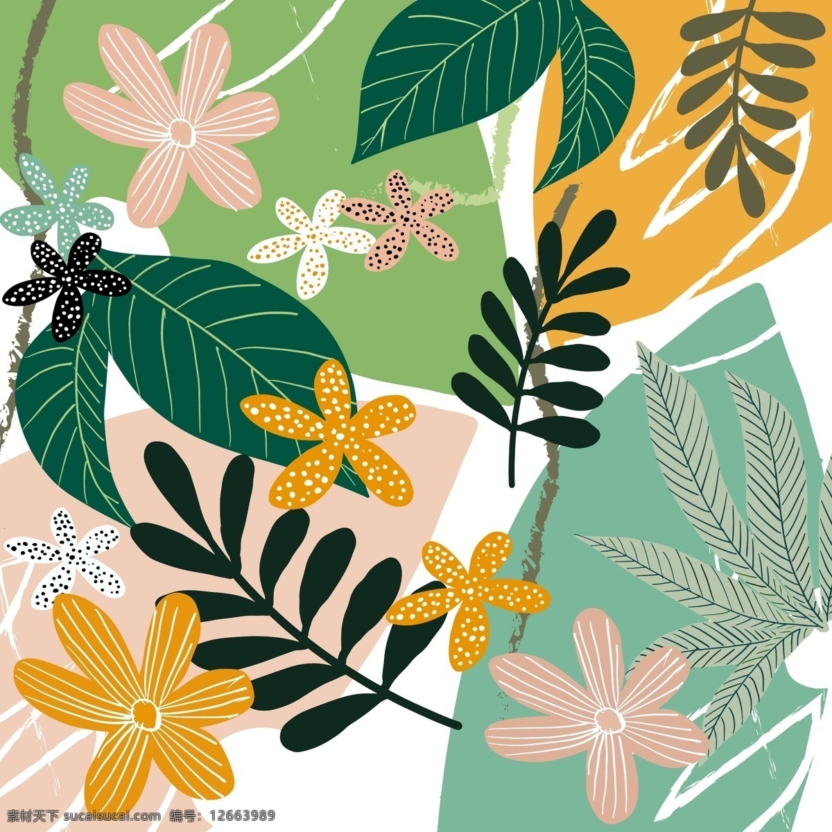 绿 橙 白底 叶子 组合 图案 植物 丛林 花 绿橙 花卉 插画 节日节气 藤蔓植物 海报