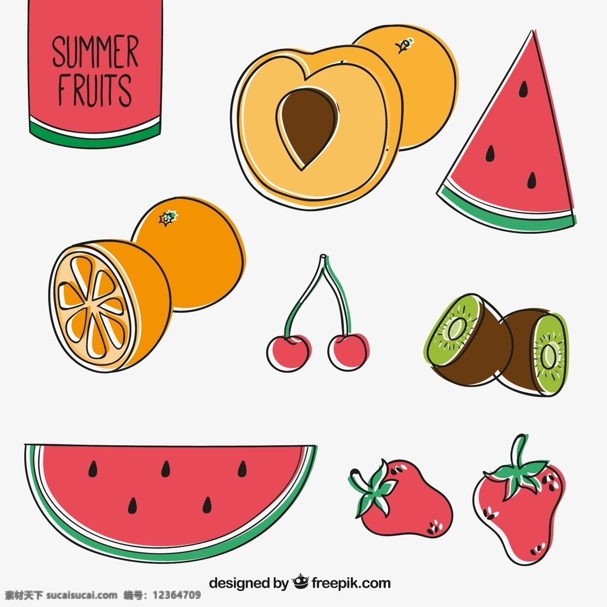 款 彩绘 夏季 水果 矢量 桃子 西瓜 柠檬 杏 樱桃 猕猴桃 草莓