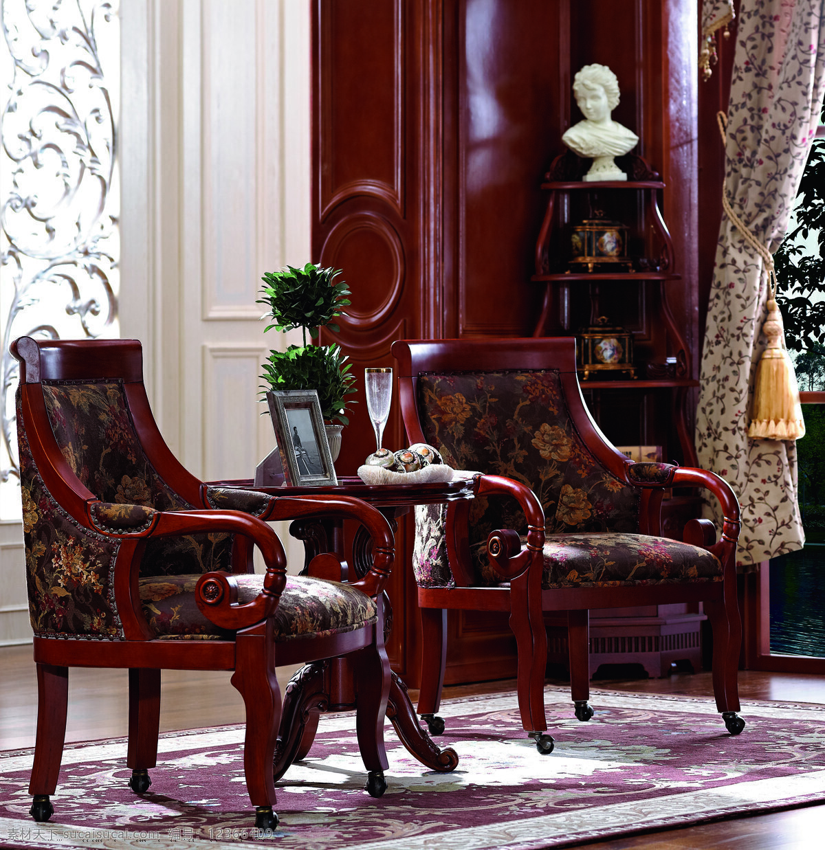 休闲椅 实木椅子 窗帘 花 欧式家具 欧式椅子 欧式 椅子 豪华 生活素材 生活百科 文化艺术