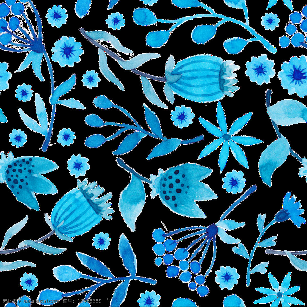 手绘 各种 花草 树枝 背景 背景素材 花朵 蓝色 平铺背景 树叶 水彩