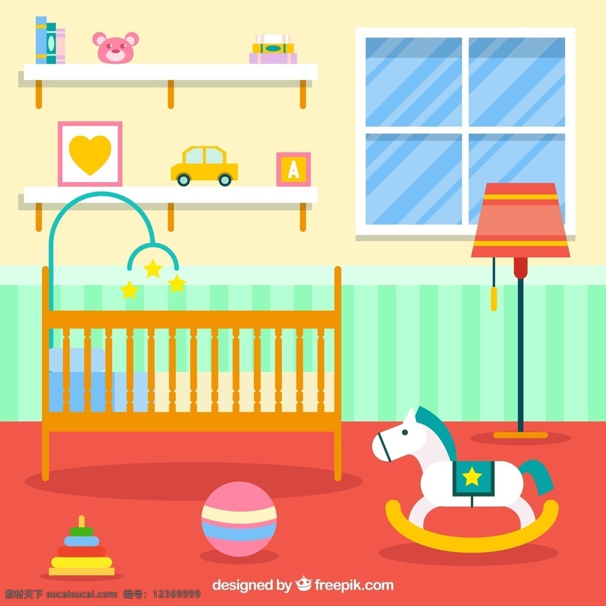 彩色 婴儿 房 书本 婴儿床 木马椅 玩具车 积木 画 玩偶熊 皮球 落地灯 窗户 玩具套环 隔板 房间 婴儿房 标志图标 其他图标