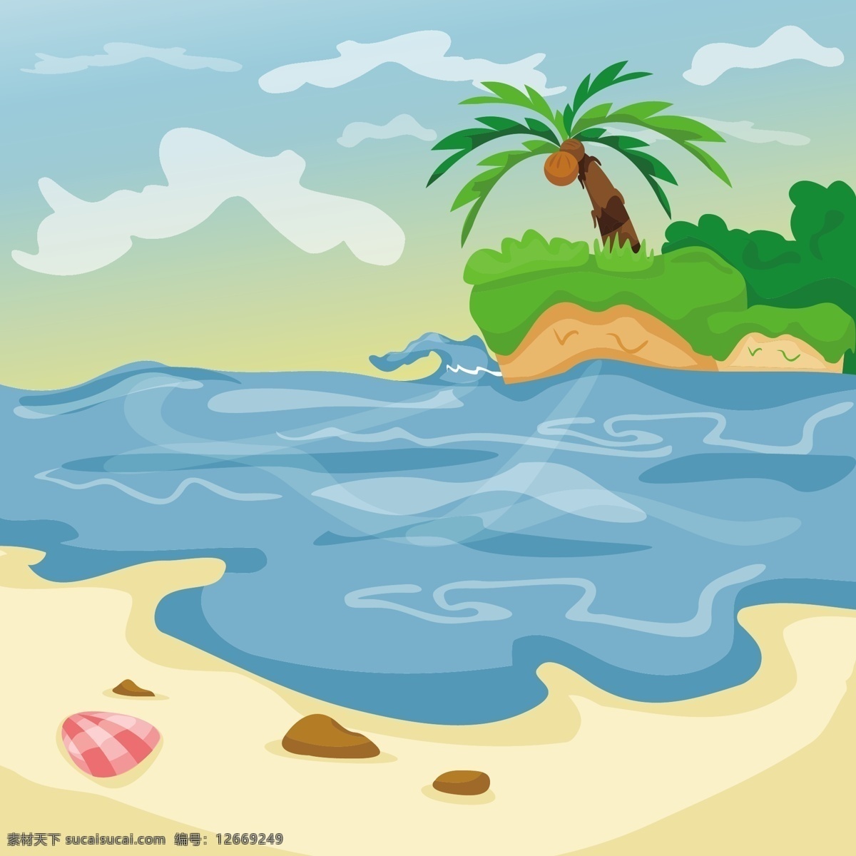 海滩 海边 沙滩 热带海滩 旅游 椰树 插画 蓝天 白云 度假 手绘 热带 大海 海洋 自然风景 自然景观 自然风光