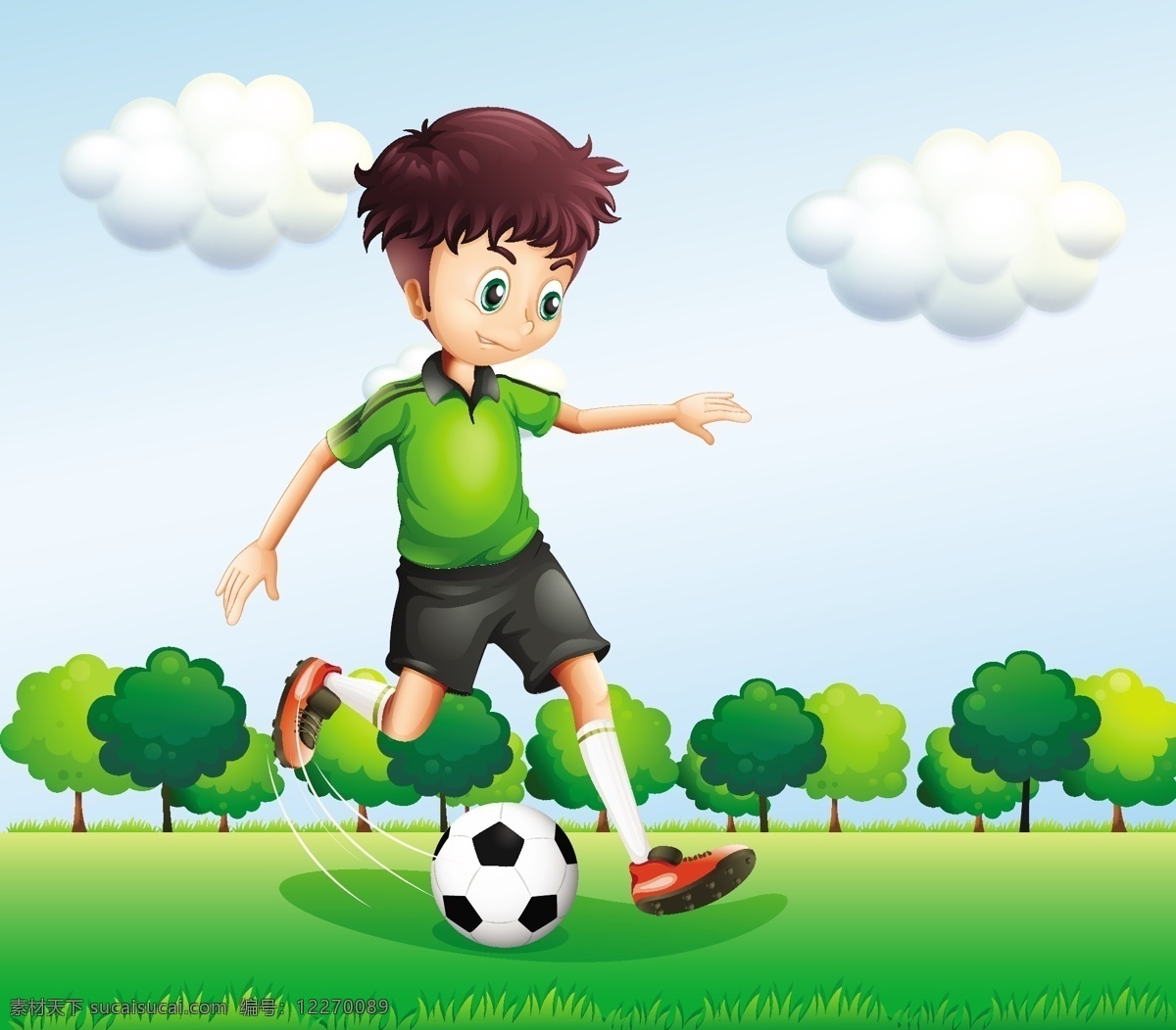 卡通 足球 运动员 踢足球 儿童 足球场 小男孩 学生 2014 年 巴西 世界杯 体育 足球比赛 手绘 体育运动 文化艺术 矢量 儿童幼儿 矢量人物