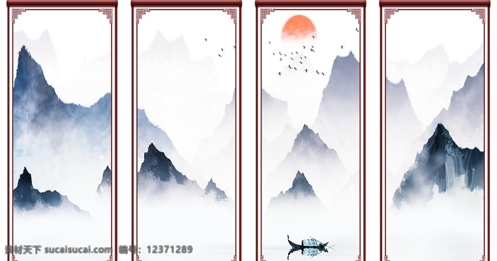 新 中式 水墨 挂画 水墨挂画 古风 分栏挂画 山水 渔船 边框 花纹 壁画 分层