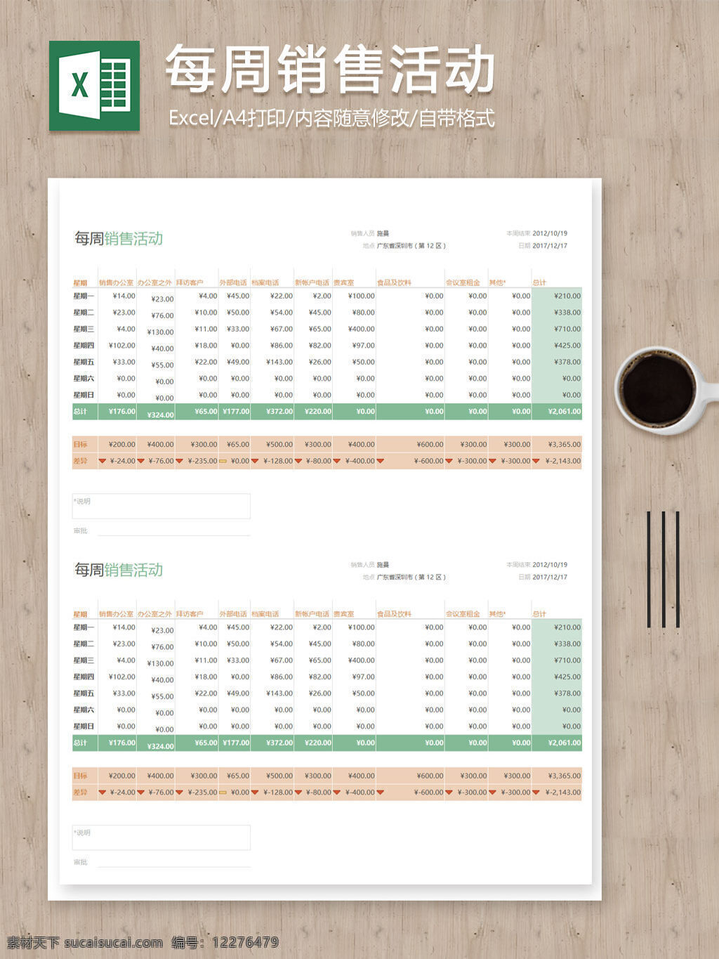 每周 销售 活动项目 记录 明细表 表格 表格模板 表格设计 活动 计划 时间 图表 业务